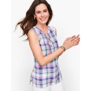 Talbots Size XL Linen Split Neck Shell Top Popover Blouse Madras